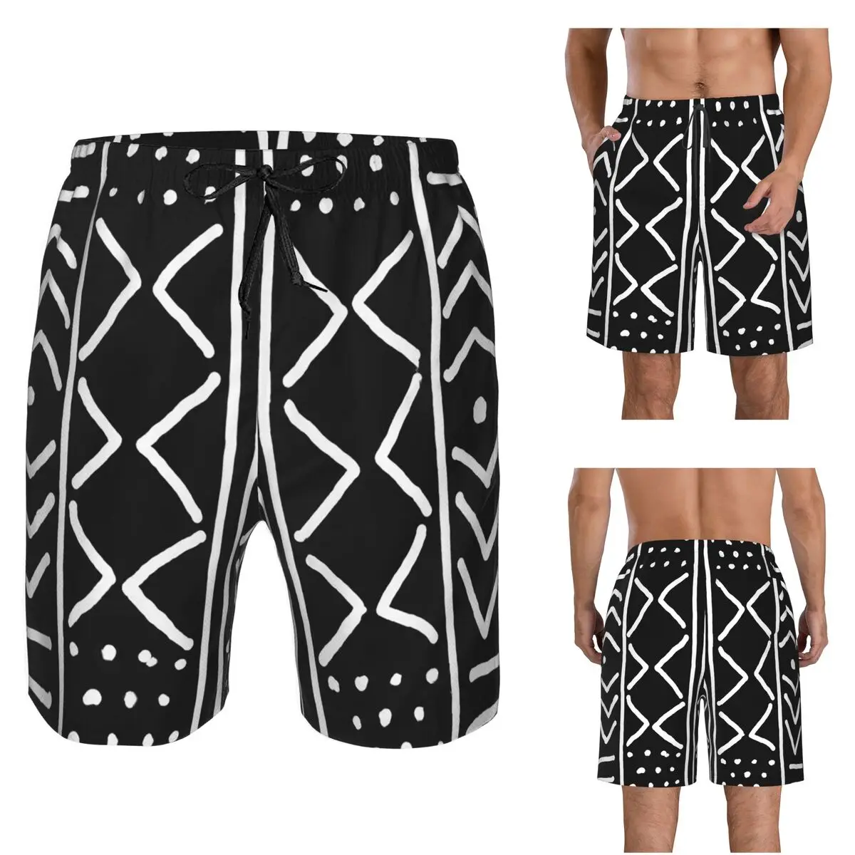 African Black Mudcloth Trunks Beach Board Shorts Casual Quick Dry Swimming Summer Men Pants
