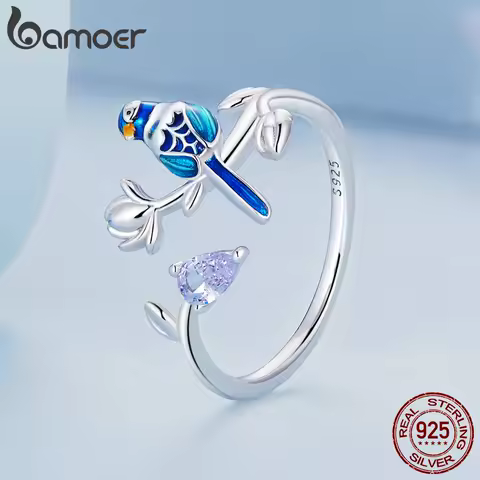 Bamoer 925 Sterling Silver Exqusite Blue Bird Ring for Women Fine Jewelry Dainty Leaf Open Ring Fashion Wedding Gift BSR288