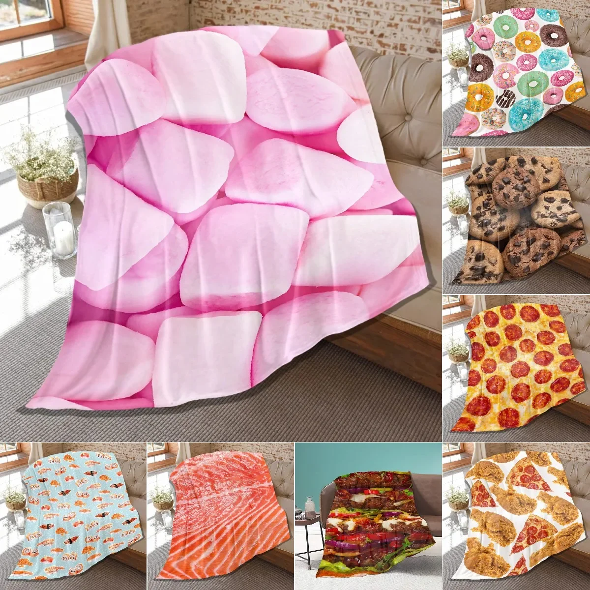 3D Print Sugar Food Cookie Pattern Flannel Throw Blanket King Queen Size for Bed Living Room Couch Sofa All Season Warm Blanket