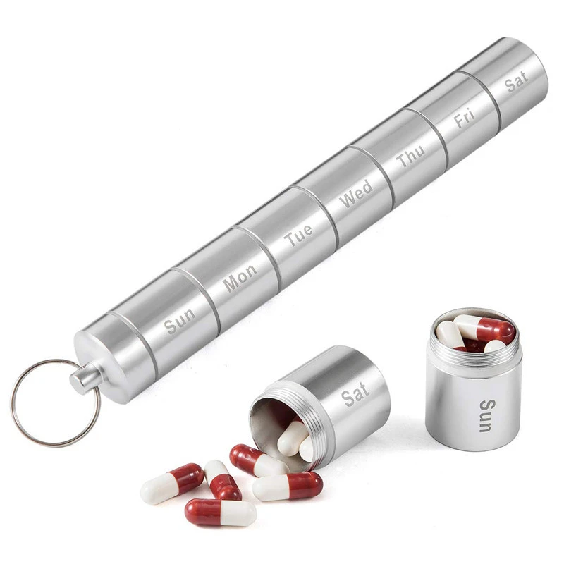 Aluminum Alloy Pill Case 7-Days Weekly Medicine Tablet Dispenser Organizer Pill Box Outdoor Waterproof with Keychain