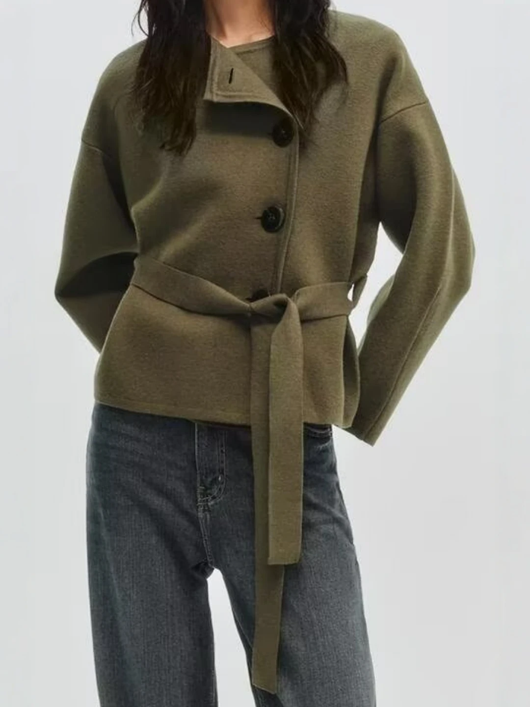 Olive Green Knitted Jacket with Belt And Decorative Buttons Casual Loose Fit Women's Short Outerwear Long Sleeve round Neck