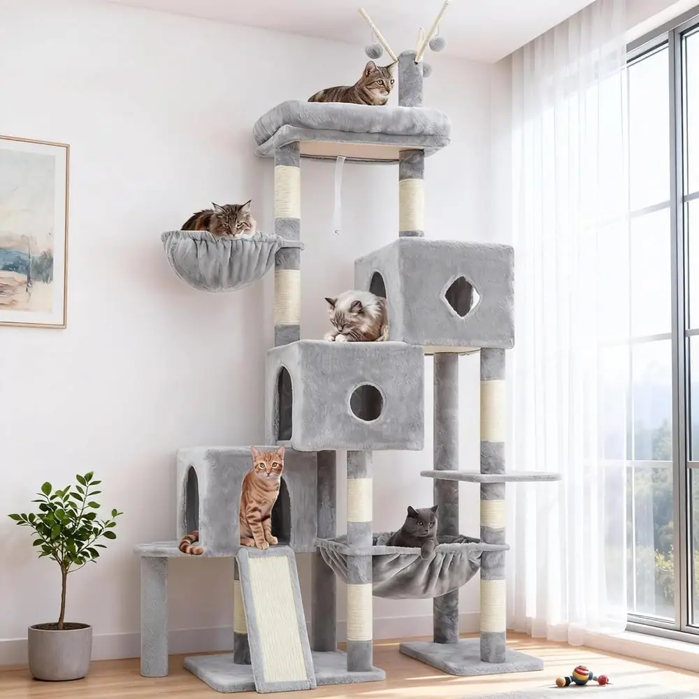 

Large Indoor Cat Tree Tower with 3 Condos, Scratching Posts, Basket, Bed, Sisal Board, Climbing Pathway, Toys, 74.8 for Big Cats