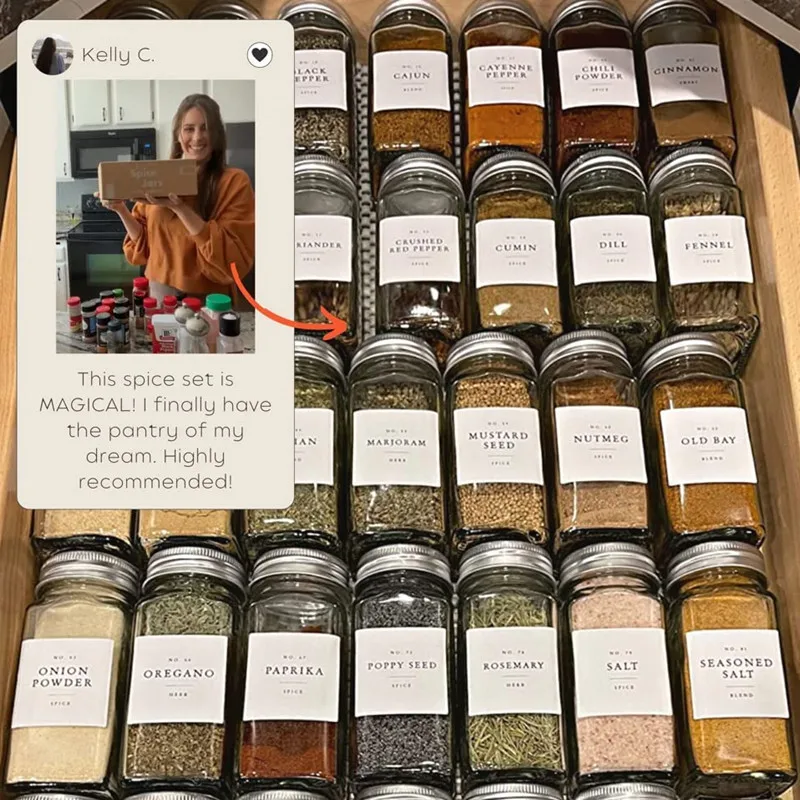 12-teiliges Glas-Gewürzgläser-Set mit Gewürzetiketten, leere quadratische Gewürzgläser – Streugläser mit versiegelten Metalldeckeln – zusammenklappbarer Silikon-Trichter – Detail 10