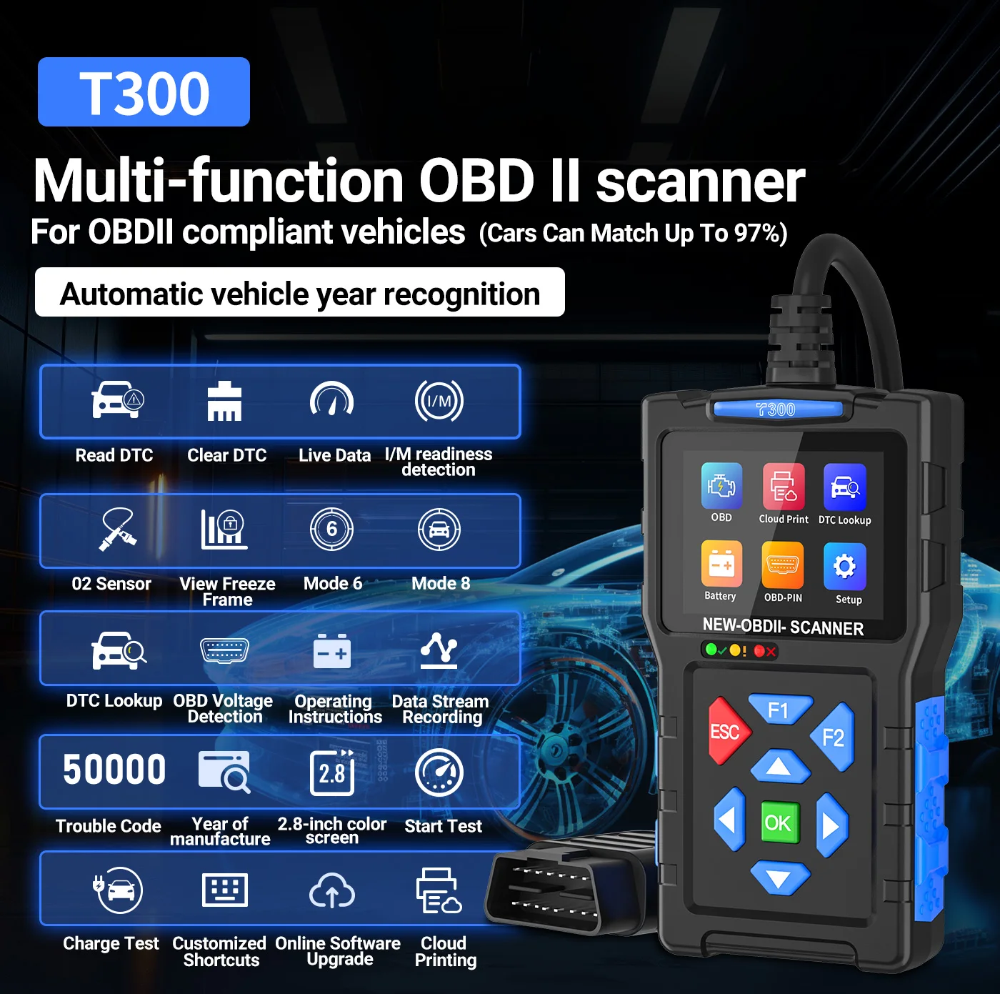 

T300 OBD2 2 в 1, диагностический инструмент сканера, тестер автомобильного аккумулятора, считыватель кодов, прозрачные инструменты для ремонта автомобиля, диагностический инструмент сканера OBD2