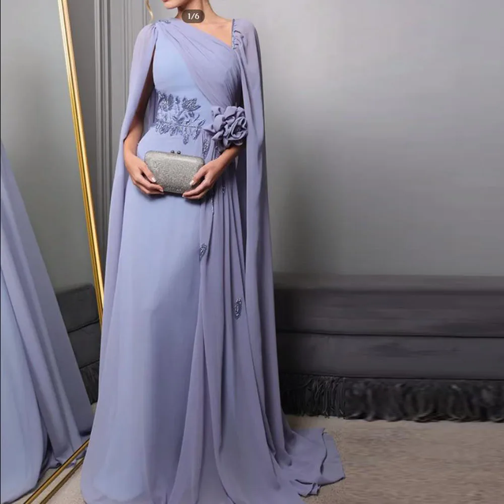 Suknia wieczorowa z asymetrycznym dekoltem, rękawami typu peleryna, zdobiona koralikami, syreni krój, sukienki bankietowe, ręcznie robione kwiaty, odzież formalna.