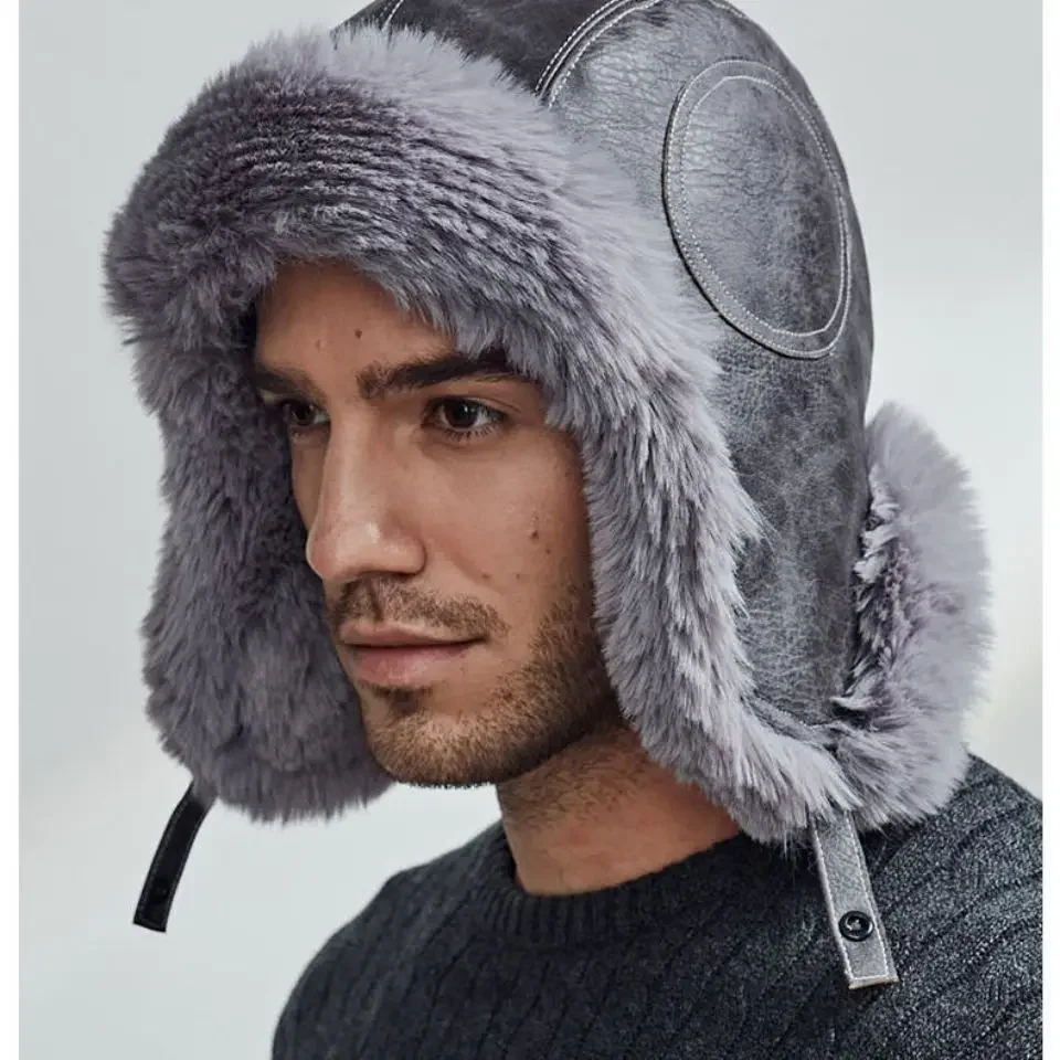 Bomber Leather Hat Pilot Cap Men Winter Fur Hat Thickened Cold Protective Ears Outdoor Cycling Fishing Skiing New