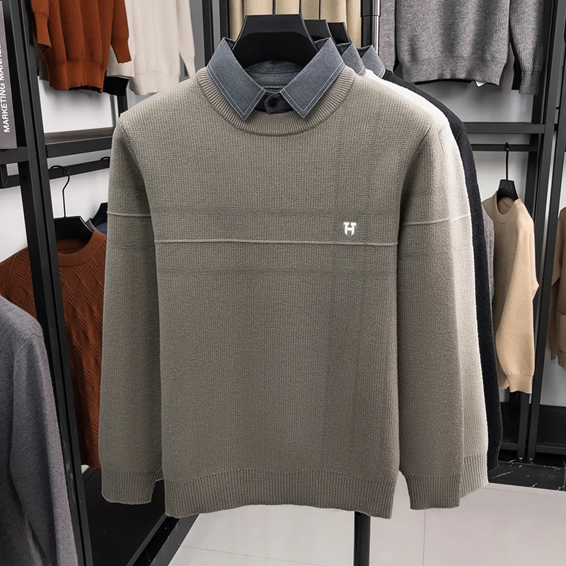 Men’s Knit Sweater Fake Two Piece Layered Design Long Sleeve Round Neck Soft Warm Fabric Casual Fashion Autumn Winter Men’s We
