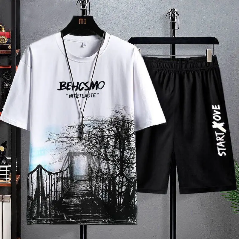 

Ice Silk ort Sve T-irt Set for Men Casual Haome Summer Outfit Five-Quarter Pants Youth Large Size Faionable Ensemble