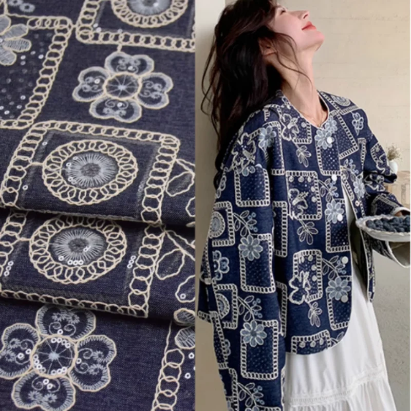 Fashion Flower Paillette Blue Denim Embroidered Fabric, Overcoat Dress, Handmade Bag Sewing Tissue, T2297