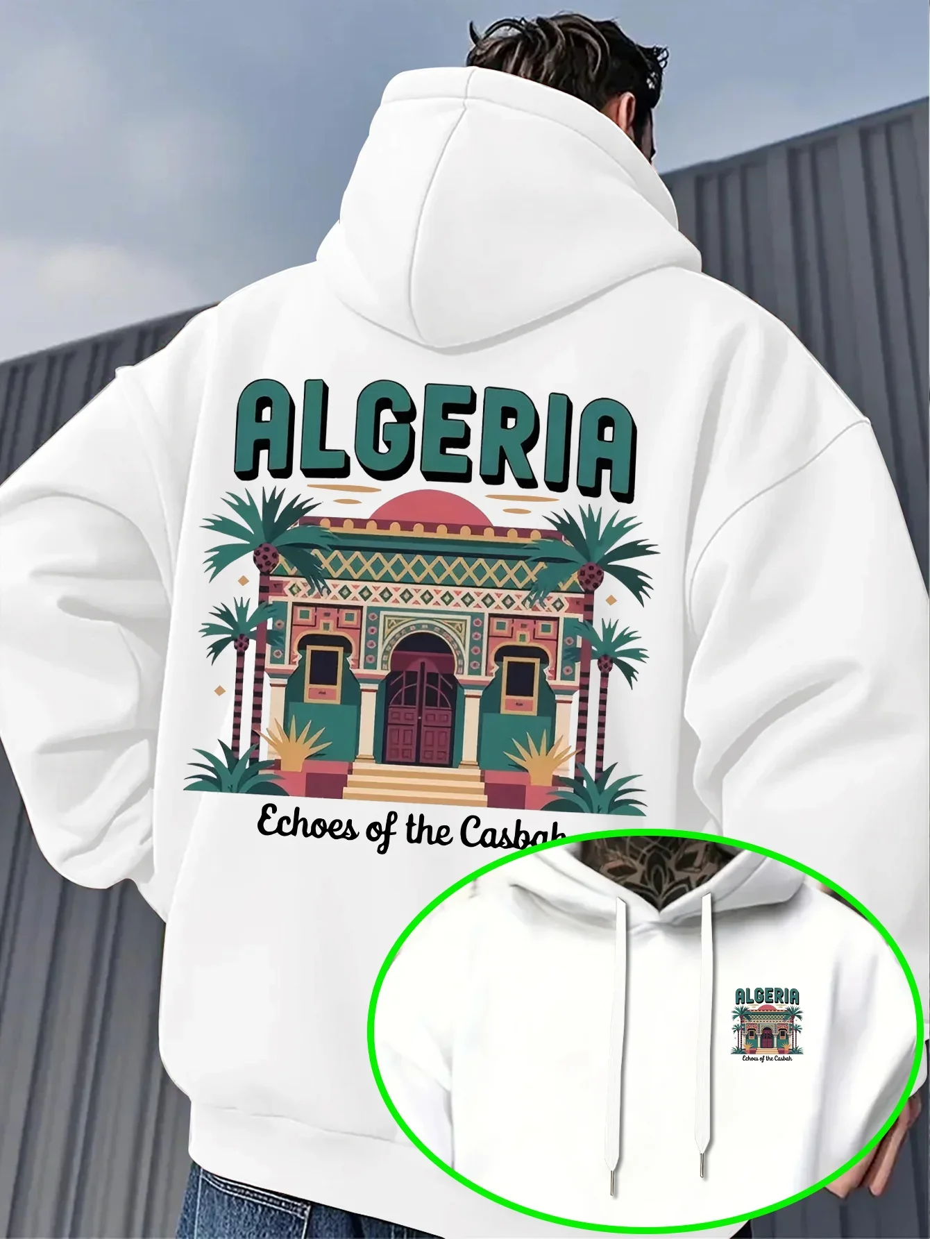 Men Algeria Casbah Sports Hoodie Palm Tree Traditional Building Print Oversized Pullover Streetwear Sweatshirt Autumn Winter