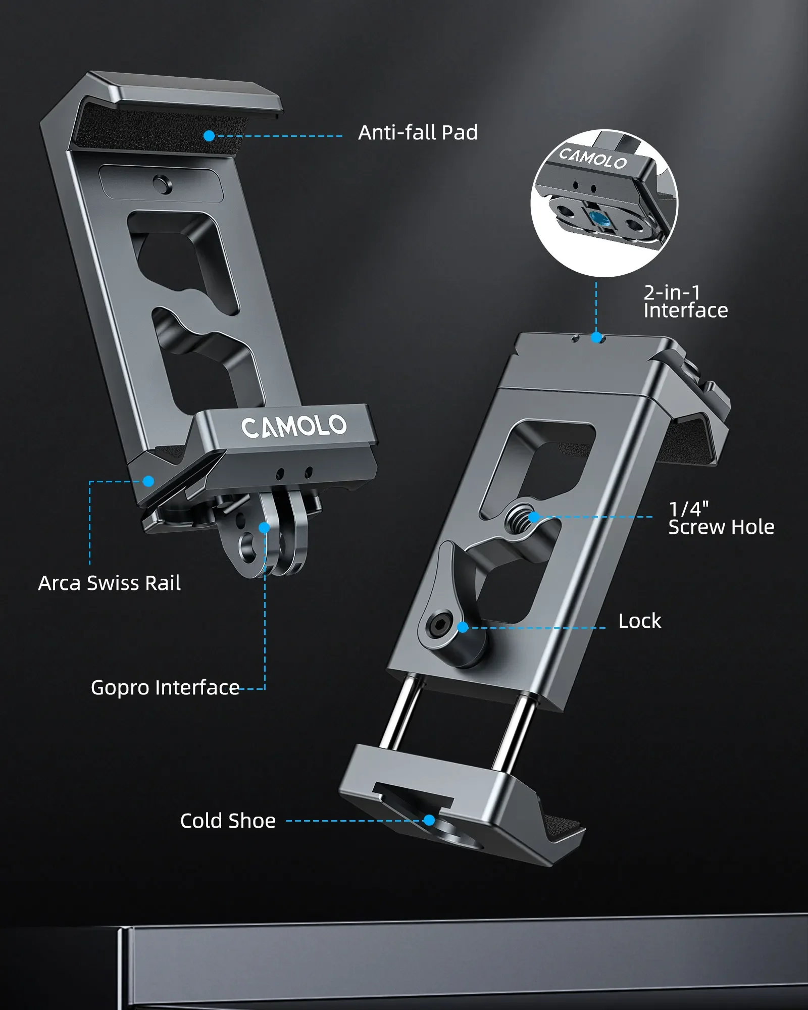 CAMOLO 금속 전화 클립 홀더(Arca 포트 및 액션 카메라 어댑터 포함) iPhone Gopro Samsung용 스마트폰 삼각대 어댑터 클램프