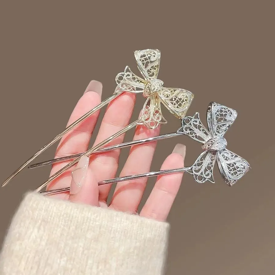 High end hollow bow U-shaped hairpin new Chinese style metal hairpin antique style versatile hair accessories women's hairpin