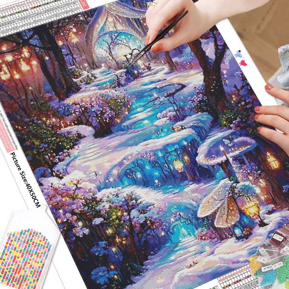 HUACAN Full Diamond Painting Landscape Diamond Mosaic Waterfall Embroidery Tree Fantasy Wall Decor Craft Kit