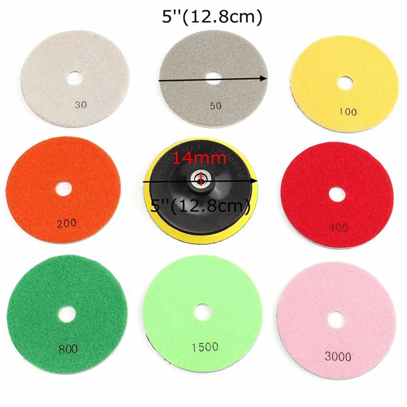 

ABMR-18Pc 5 Inch Diamond Polishing Pad Set Granite Marble Concrete Stone Tile Wet Dry For Granite Concrete Marble Stone Tiles
