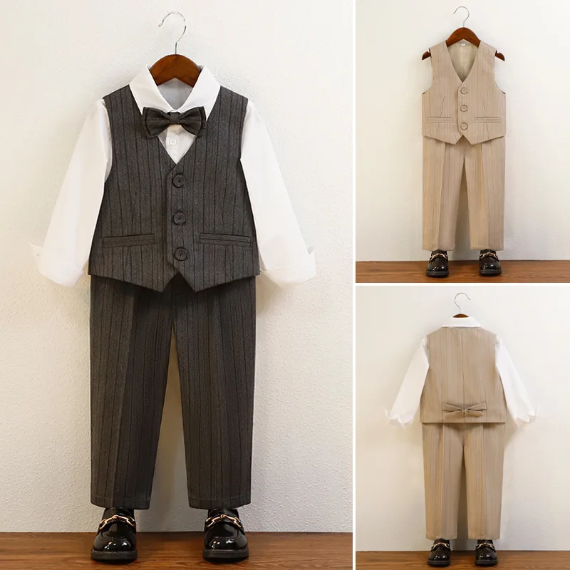 Kids Boys 4Pcs Striped Formal Suit With Bow Tie Vest Shirt Pants For Wedding Birthday Ceremony Banquet Photoshoot Party Outfit