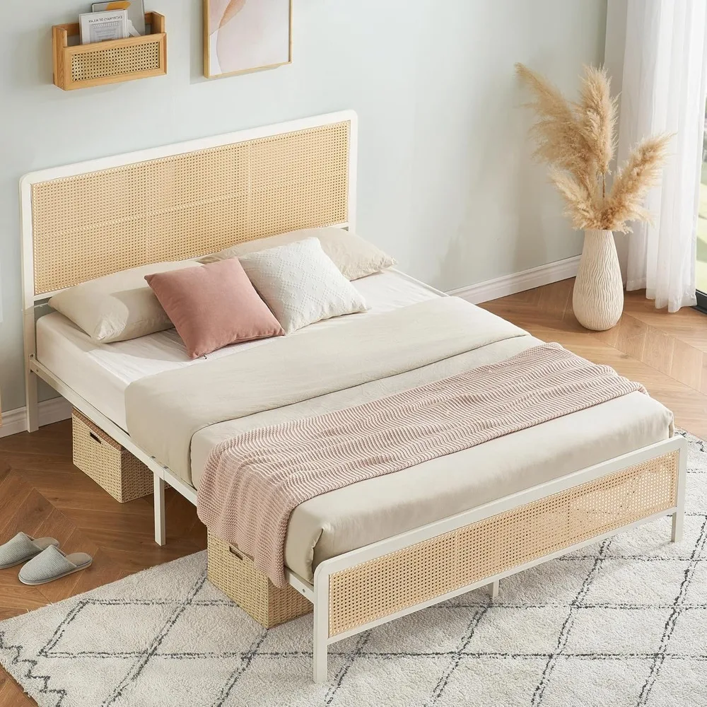 

Full Size Rattan Bed Frame with Headboard, Modern Style Cane Boho Bed Frames with Heavy Duty Sturdy Steel Slat Support, N