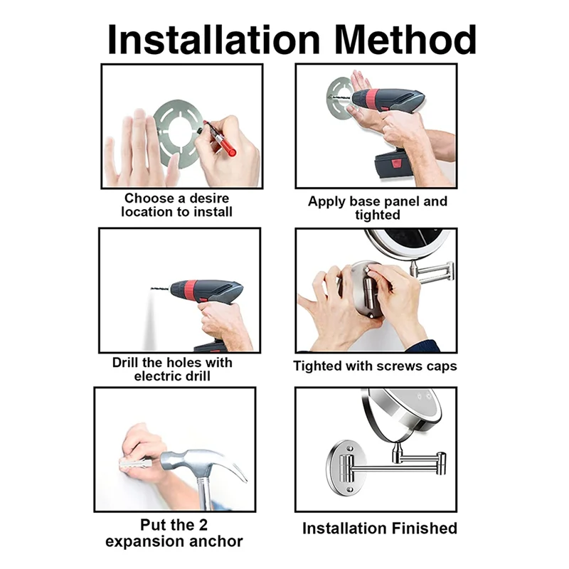 GOOD-8In espejo lateral doble para tocador/baño montado en la pared recargable 1X/10X ampliar LED y pantalla táctil de temperatura de 3 colores 360 °   Rotación