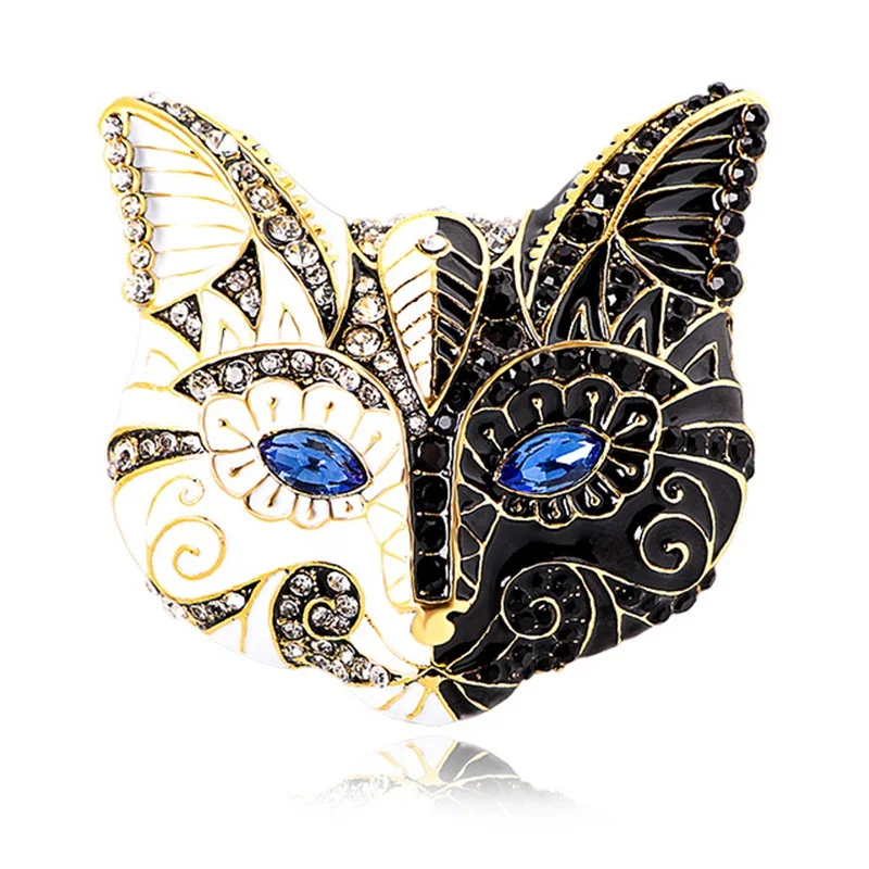 Wuli&baby Enamel Cat Face Fox Head Blue Crystal Eye Animal Big Brooch For Coat view 4