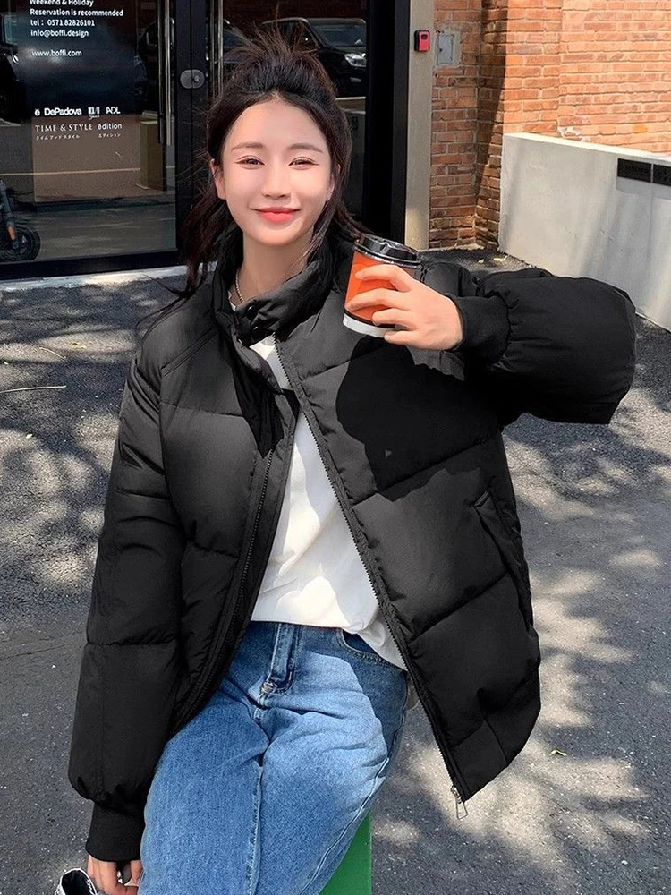 

Модное повседневное черное пышное пальто, женские милые зимние парки в консервативном стиле с воротником-стойкой, милые корейские шикарные куртки с длинными рукавами и карманами