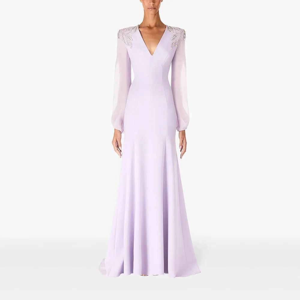 

Роскошное сиреневое вечернее платье с v-образным вырезом и длинными рукавами из бисера и кристаллами Русалка Вечерние платья длиной до пола, свадебное платье для гостей по индивидуальному заказу