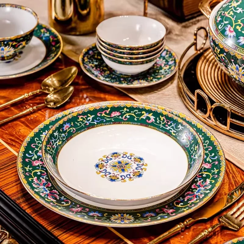 High-end Authentic Enamel Chinese Tableware Set Moving Gift Jingdezhen Tableware Set Household Bone China Gift Box Set Home Use