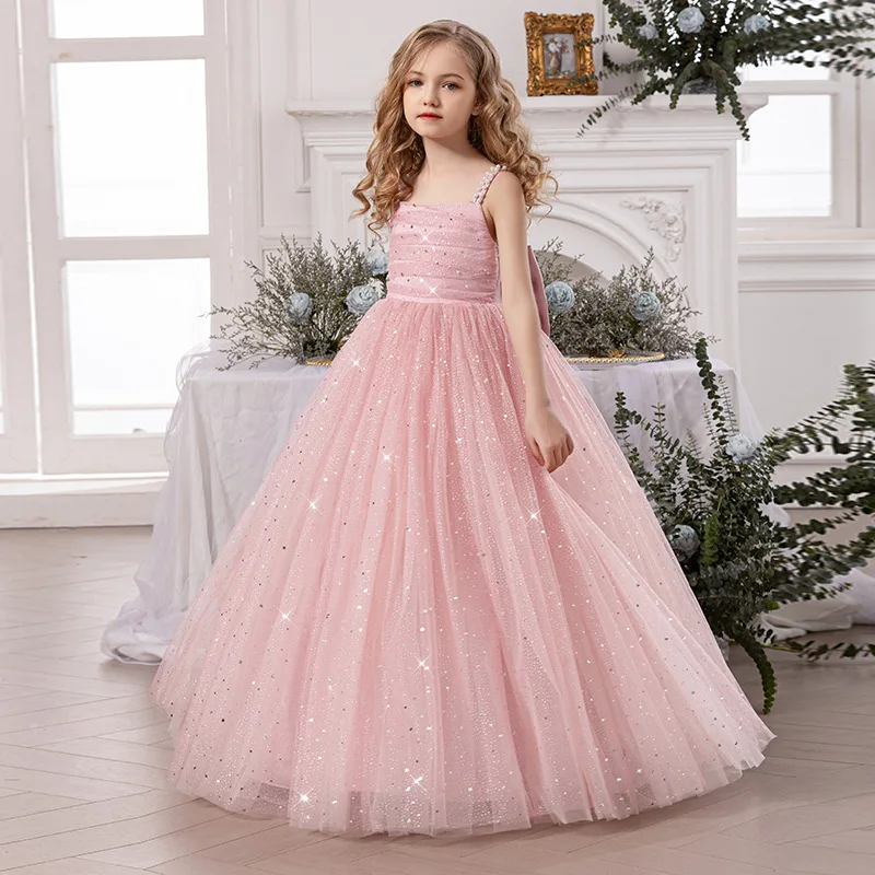 Girls Sequin Dress White Floral Children Wedding Flower Girl Banquet Party Princess Gown Tulle Pompom Skirt for Teen Girls