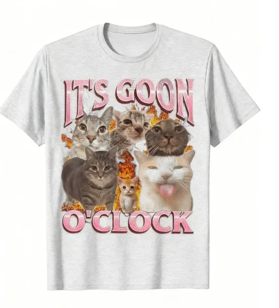 2025 تي شيرت رجالي It's Goon O Clock Laughing Cat Meme تي شيرت 100% قطن برقبة دائرية وأكمام قصيرة تي شيرت مضحك نمط نص جريء