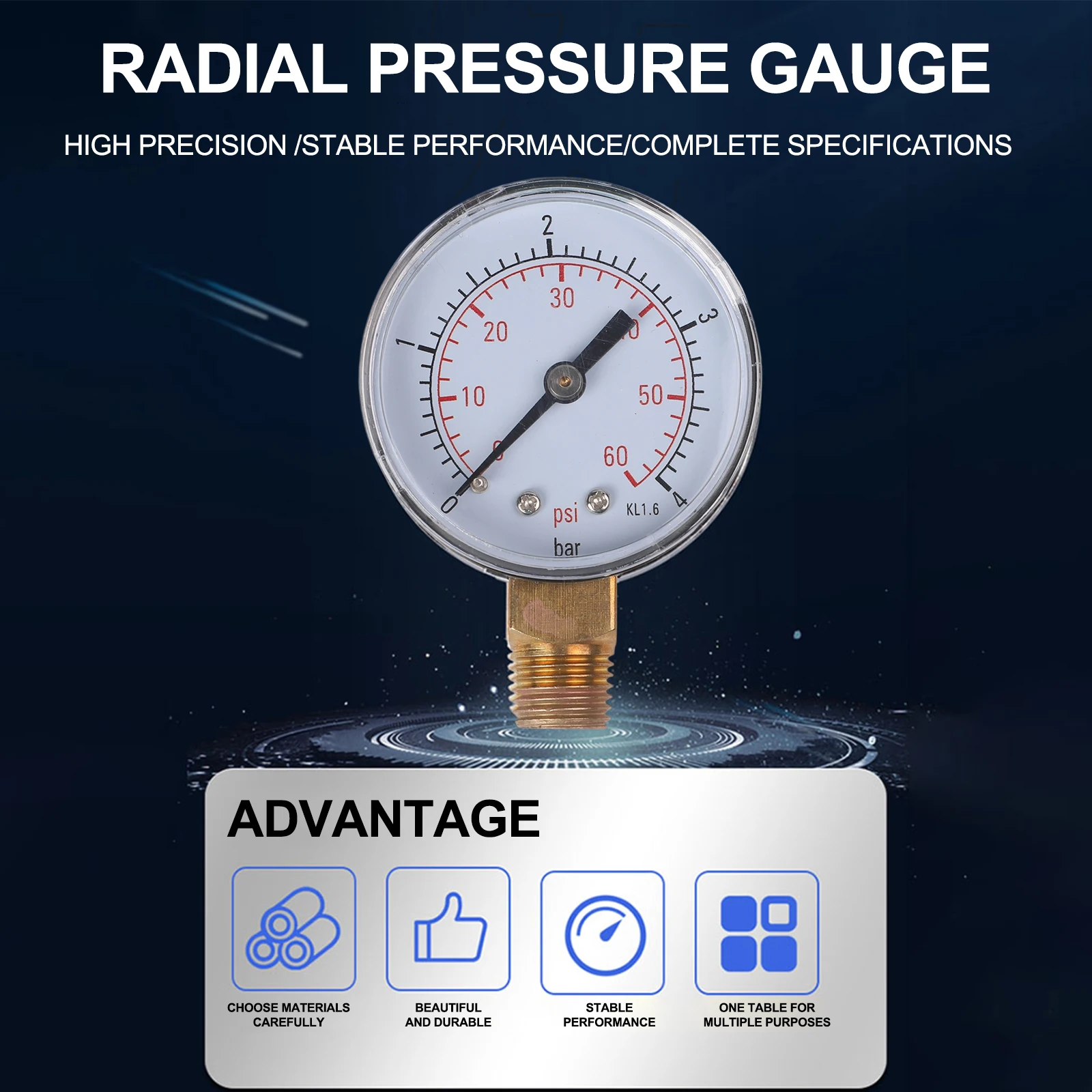 

0-4 Bar Gauge 5*7*2.8cm Size Brass Pressure Gauge Versatile Compatibility HVAC Applications For Air Measurement