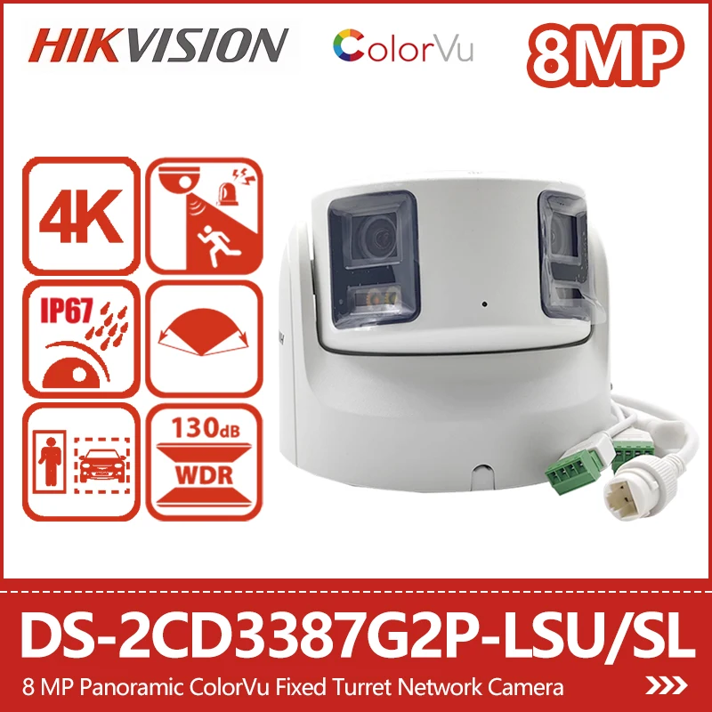 

Hikvision 8MP 4K Panoramic ColorVu Fixed Turret IP Camera Light&Audio Alarm WDR Motion Detection IP67 DS-2CD3387G2P-LSU/SL