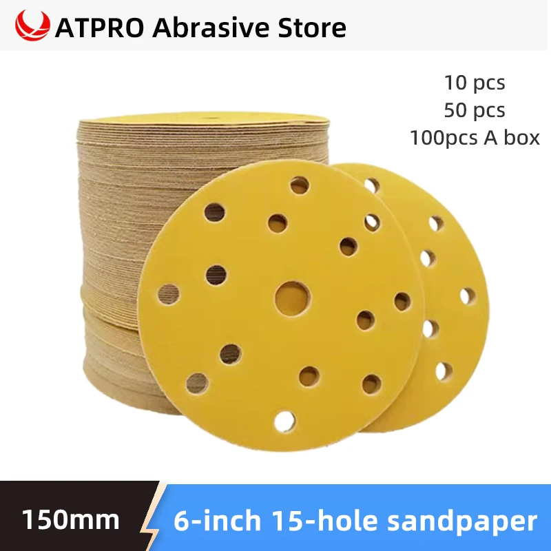 

6 Inch Sandpaper Sheet 15 Holes 80-600 Grit Dry Sandpaper Hook and Loop for Mirka Random Orbital Sander 150mm Sandpaper