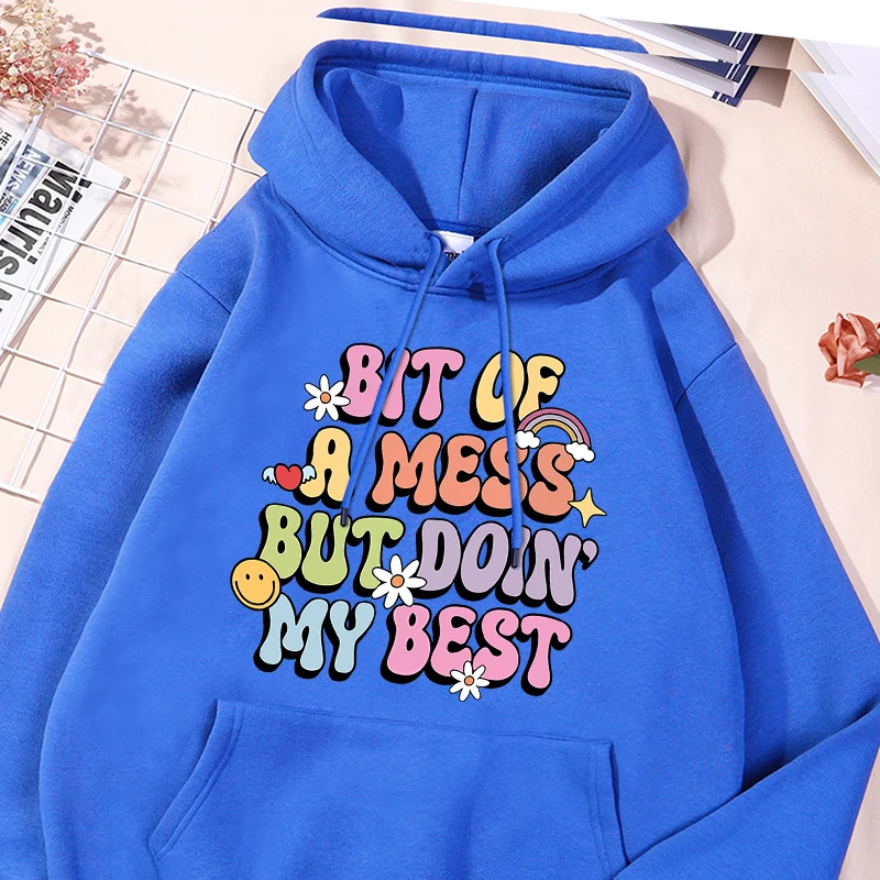 

Bit Of A Mess Cartoon Letter Print Hoodies Women'S Fleece Soft Pocket Hoodie Fashion Warm Autumn Hoody Fashion Casual Sportswear