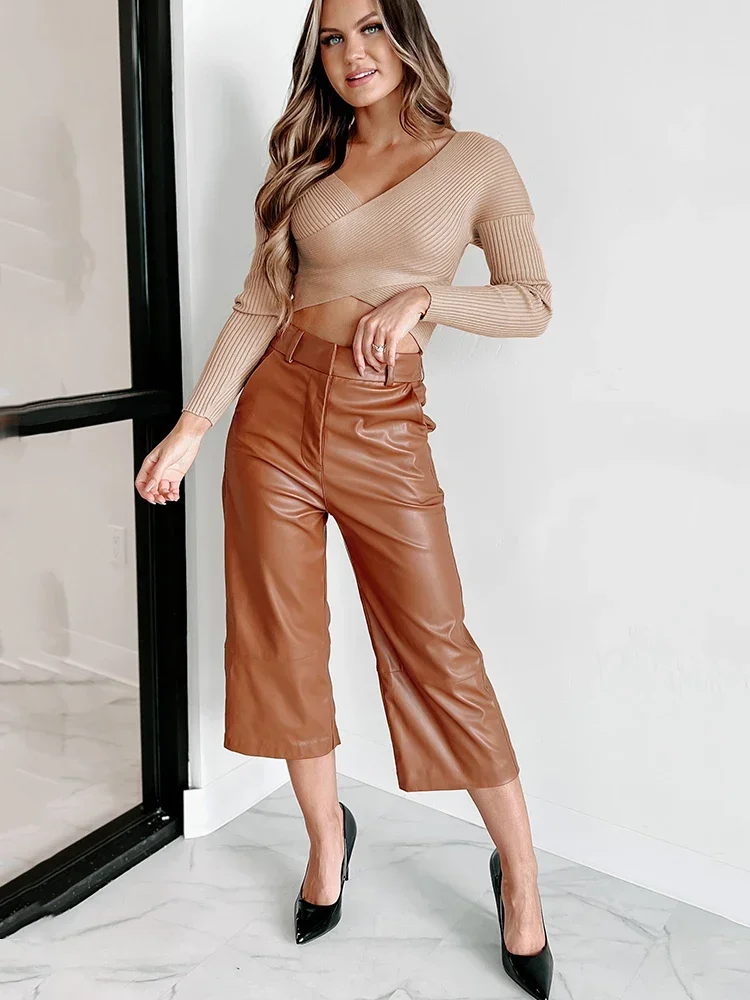 

Women High Waist Faux Leather Capri Pants Casual Wide Leg PU Yoga Pants With Pocket Ladies Loose Harem Pants Custom Clubwear New