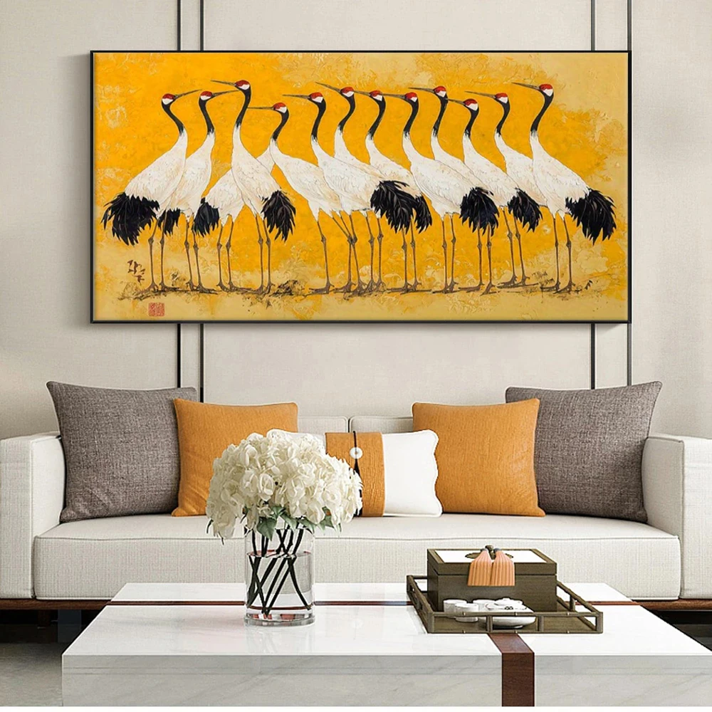 Large-sized frameless canvas paintings,Twelve Red-crowned Cranes Poster Prints Abstract Animal Art Canvas Painting Yellow Wall A
