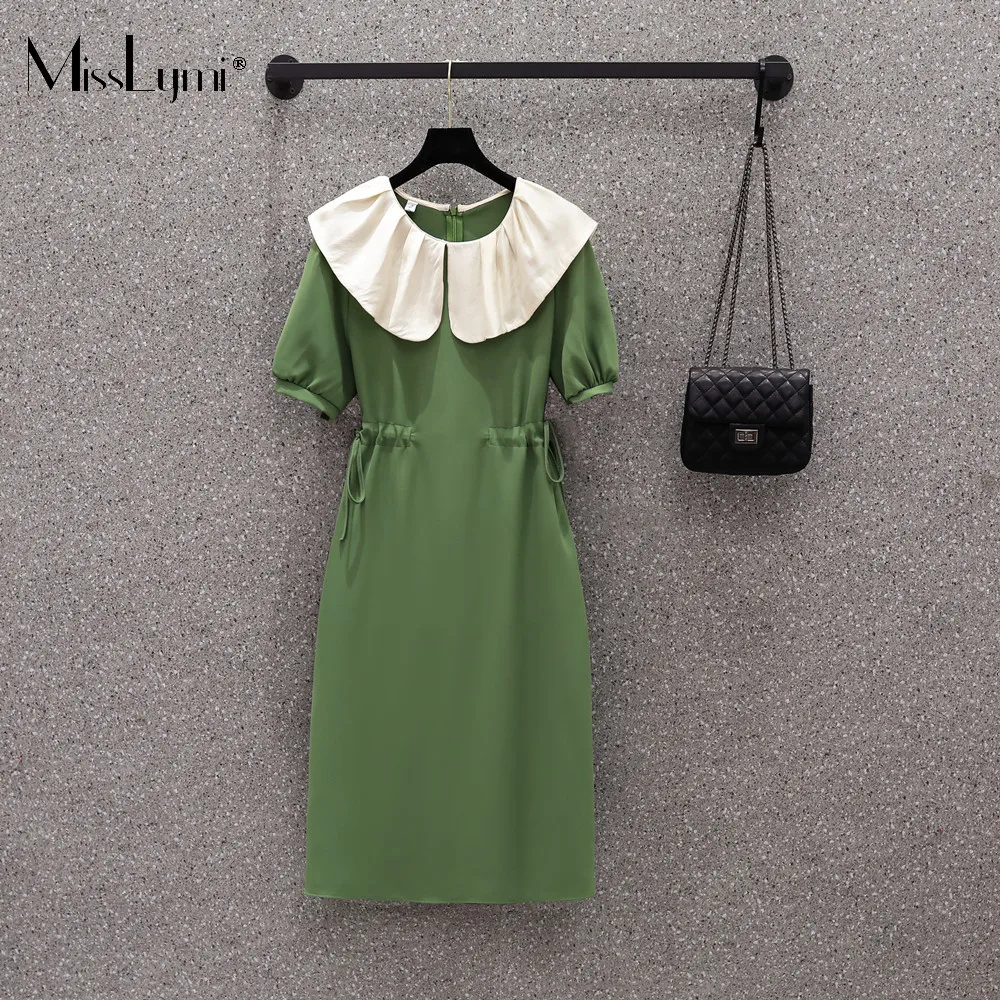 

MissLymi L-4XL 2022 Summer Large Size Women Patchwork Peter Pan Collar Short Sleeve DrawString High Waist Green Mid Long Dresses