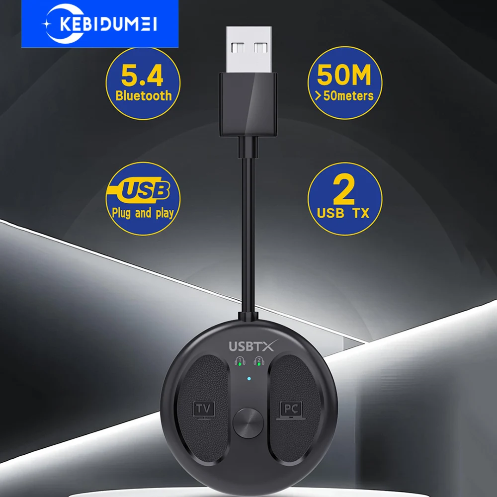 USB بلوتوث 5.4 جهاز إرسال سمعي 50 متر خالية من العوائق اللاسلكية ستيريو الموسيقى محول USB دونغل توصيل 2 سماعات للتلفزيون الكمبيوتر