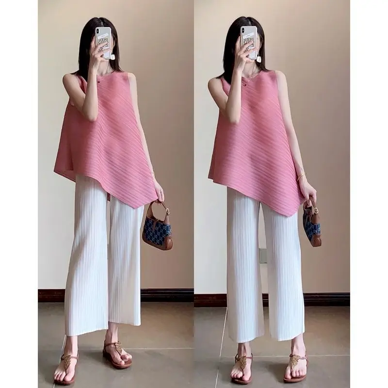 Folding Chic T-shirts Sets for Women High End Pleated T Shirts and Fashion Wide Leg Pants Casual 2 Piece Set Summer Thin Suits