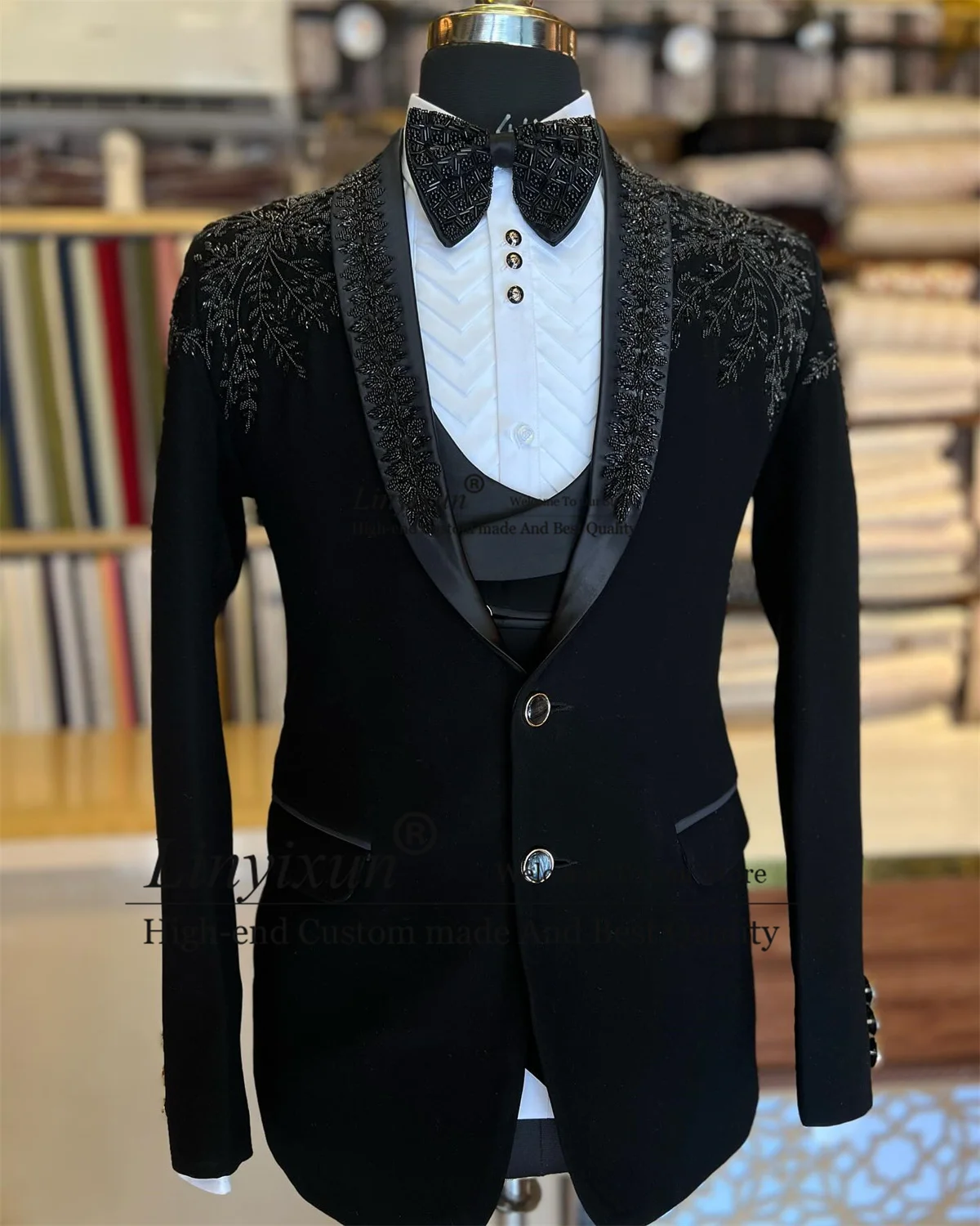 Luxury Men Suits Jewelry Ornament Tuxedo Wedding Party Groom Prom Blazers Male Bespoke 3 Pieces Set Crystal Beaded Costume Homme