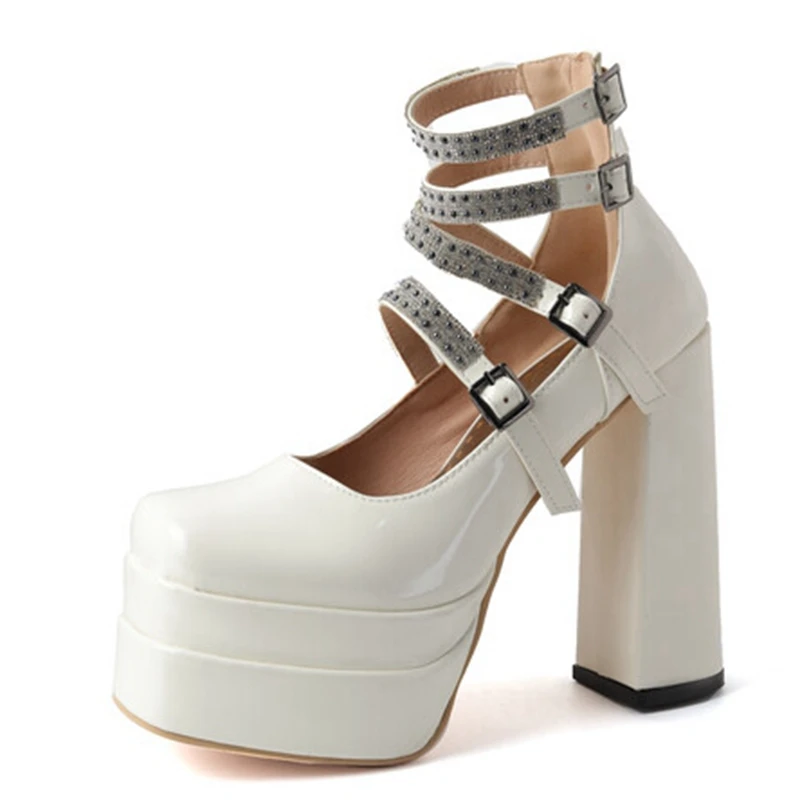 

ORCHA LISA New Sexy Women's Platform Sandals Round Toe 14cm Thick Block Heel Buckles Silver Black Big Size 42 43 Party Style