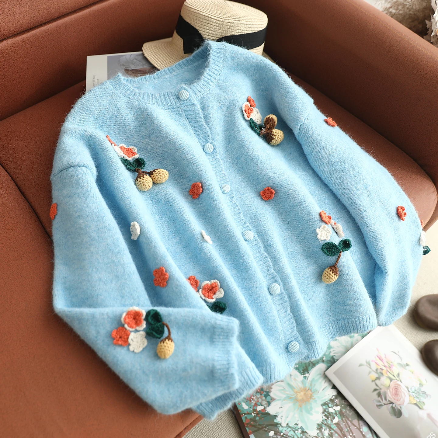 

Japanese Sweet Mori Girl Strawberry Flower Appliques Knitted Cardigan Women Autumn New O-Neck Long Sleeve Casual Sweater Coat