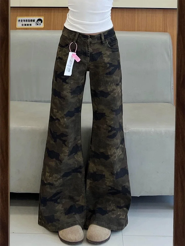 Y2K Camo Jeans Women American Retro Micro Flare Low Waist Skinny Drinky Non Stick Leg Bellbottom Summer