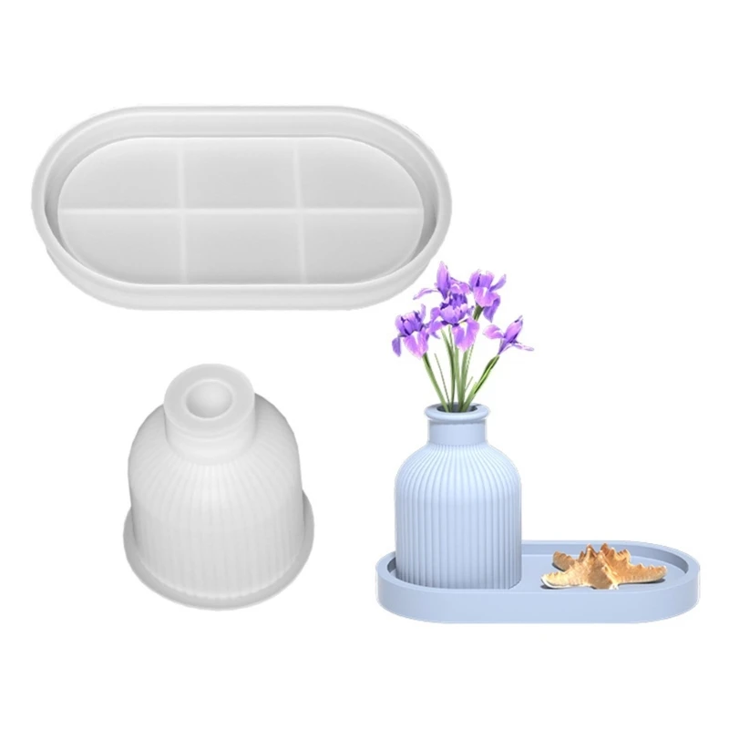 Pots fleurs bricolage moule en béton plateau ovale moules en Silicone boîte rangement dessous verre plat 97QE