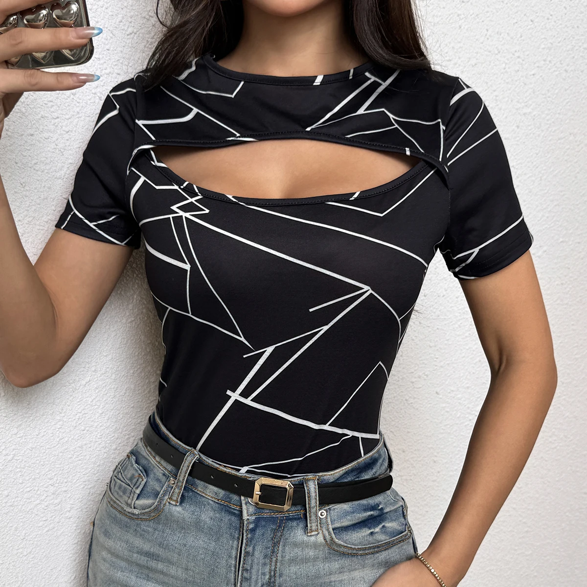 Womens T Shirt Geometric Print Cutout Short Sleeve T Shirt Printed Top Fitted Casual Chic Apparel Tops Spring Summer Daily Shirt