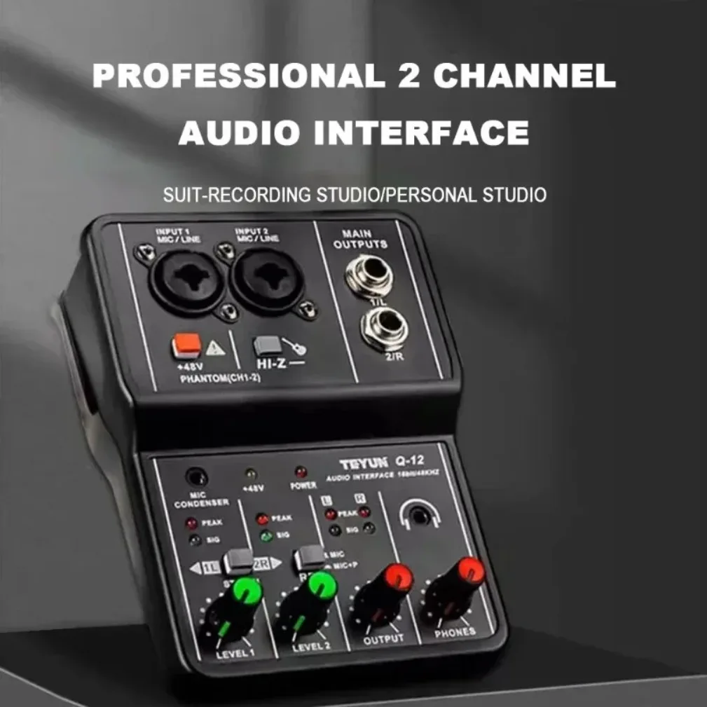 

2 Channels Professional Audio Interface Sound Card Console Portable Mini USB MIXER for Guitar Recording Studio Singing TEYUN Q12