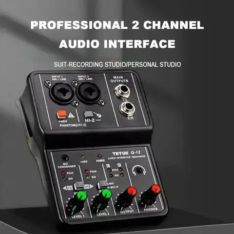 2 Channels Professional Audio Interface Sound Card Console Portable Mini USB MIXER for Guitar Recording Studio Singing TEYUN Q12