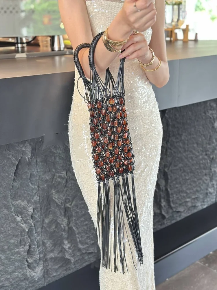 Vintage Handmade Woven Fishing Net Shoulder Bag New Pearl Decoration Hollowed Out Bucket Bag Fashionable Tassel Armpit Bag