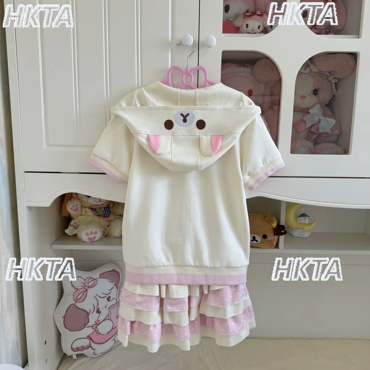 Japanese Cute Cartoon Embroidered Kangaroo Pocket Waist Hooded Jacket Top Female Polka Dot Cake A Line Skirts Sweet Sets Women
