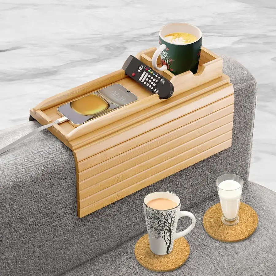 

Couch Cup Holder Tray with 2 Cork Coasters, Couch Caddy, AntiSlip Foldable Armrest Sofa Tray, Couch Armrest Table, AntiSpill Hol