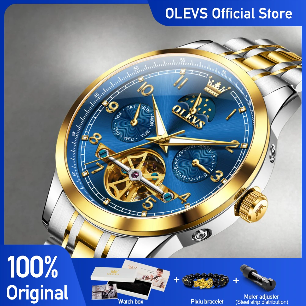 OLEVS 7071 Men Watches Original Luxury Automatic Mechanical Watches For Man Waterproof  Dual Calendar Moon phase Wristwatch New