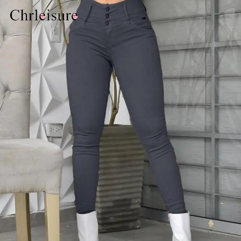 CHRLEISURE Women Pants Push Up Button Pocket High Waist Spring Pants Streetwear Casual New Pants Fashions Leggings Design Autumn