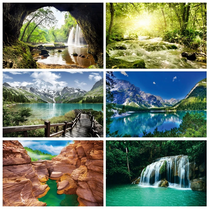 

Blue Lake and Waterfall Backdrop for Photography Mountain Forest Great Falls Scenery Flowers Spring Background Photo Studio Prop